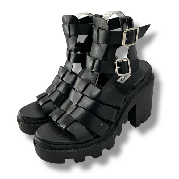 Steve Madden Black Chunky Strappy Heels Size 9.5 Buckle Platform Lug Gladiator - Picture 3 of 9